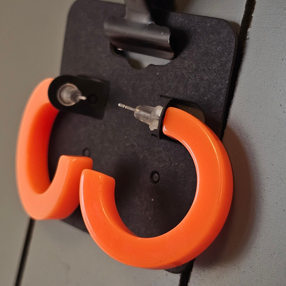 Orange Hoop Earrings 1.2" Retro 1980s Neon Chunky Pierced Acrylic Gift Bag Y2K - Picture 4 of 7